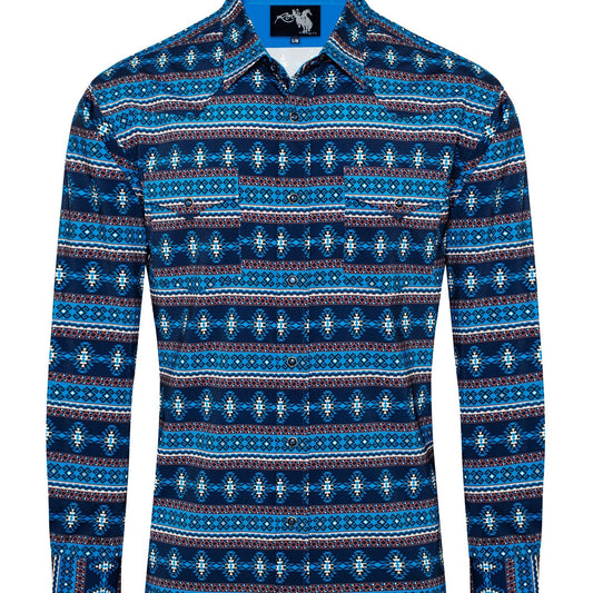 Navy Pearl Snap Aztec