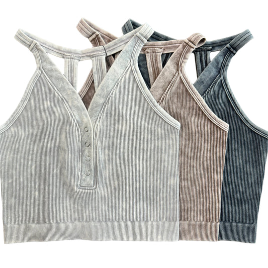 Washed Ribbed V-Neck Tank Top