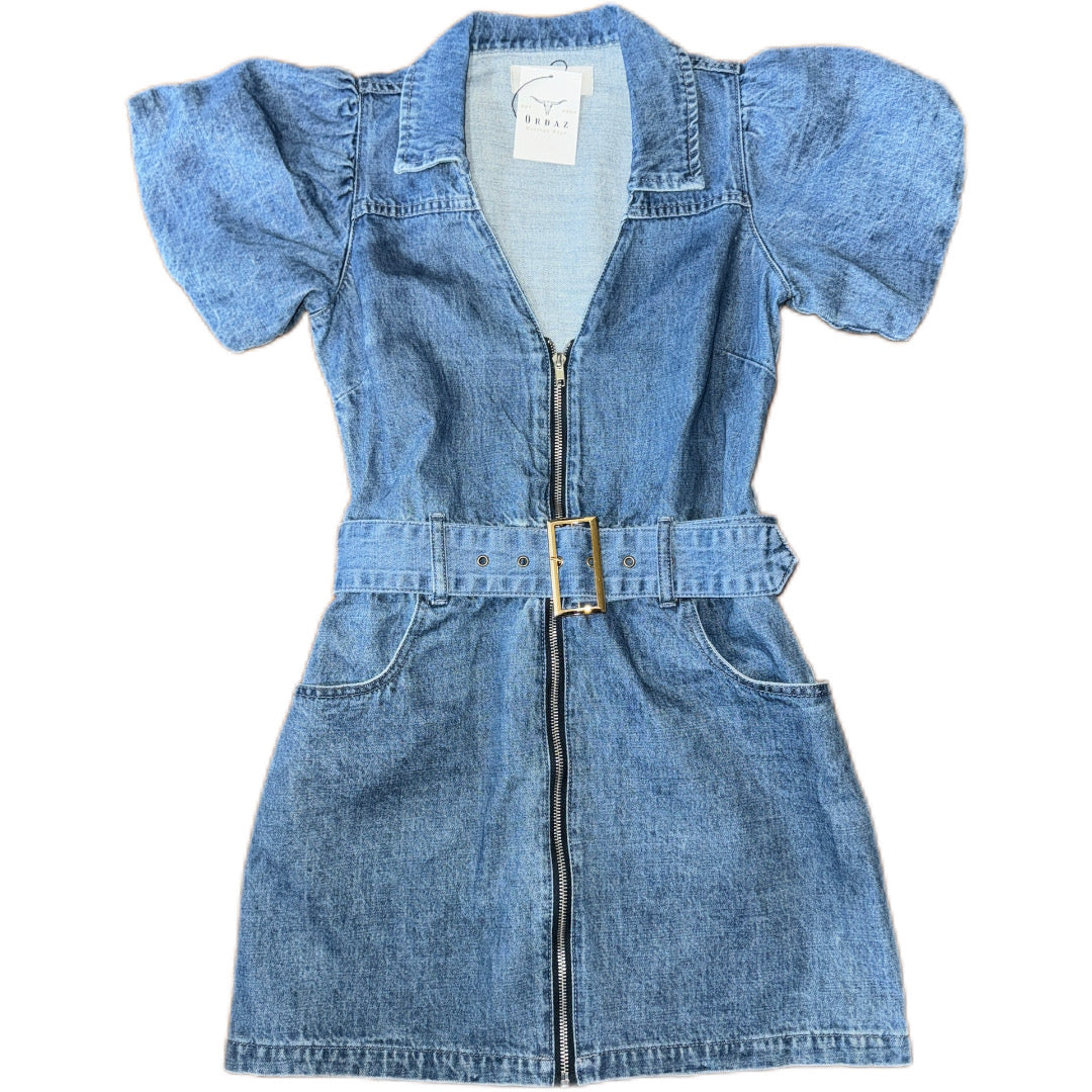 Puff Sleeve Denim Belted Mini Dress Ordaz Western Wear Puff Sleeve Denim Belted Mini Dress Ordaz Western Wear