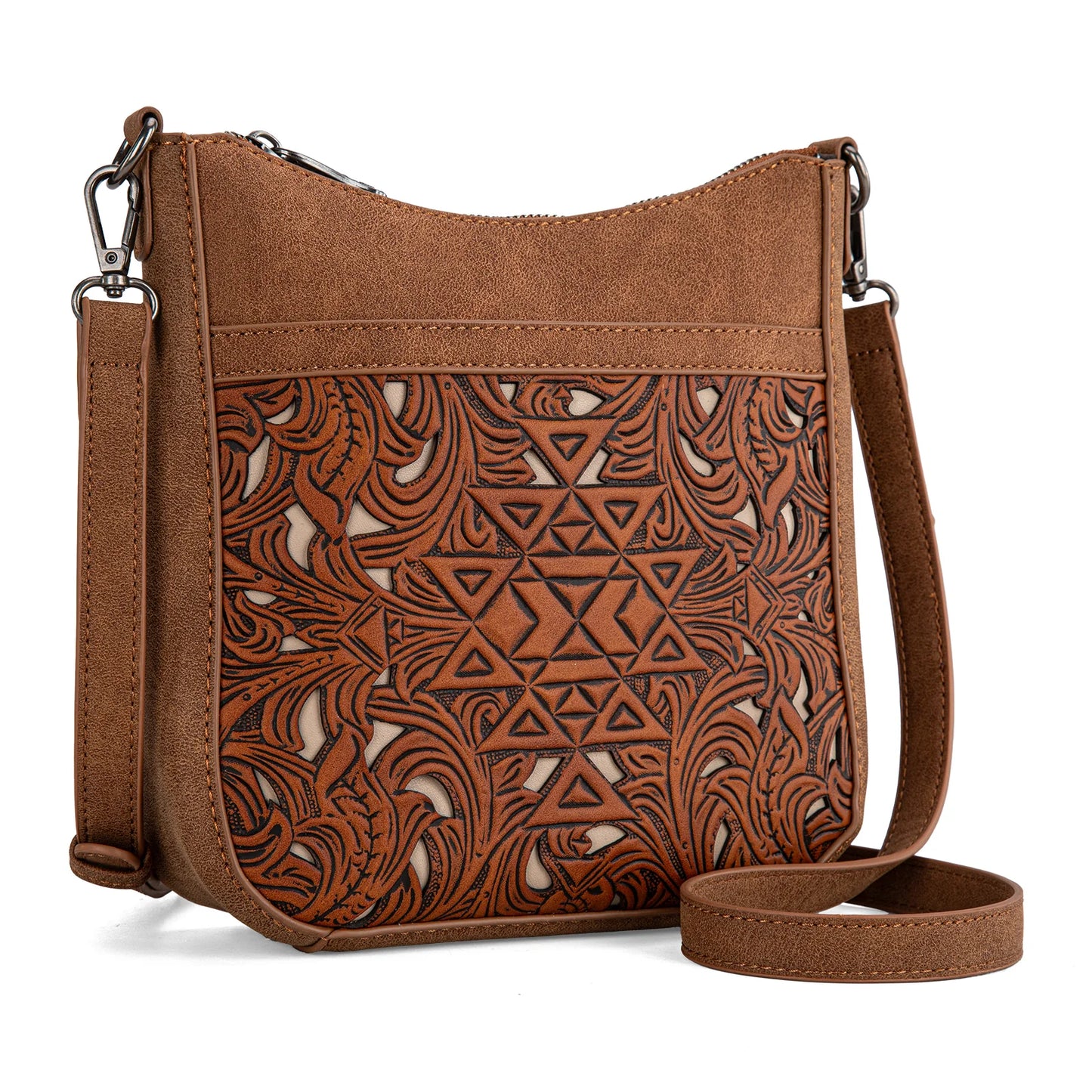 Floral Aztec Tooled Crossbody - Brown
