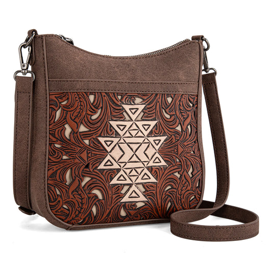 Floral Aztec Tooled Crossbody - Coffee