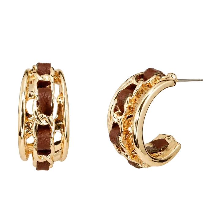 3-Row Leather Chain Hoop Earrings