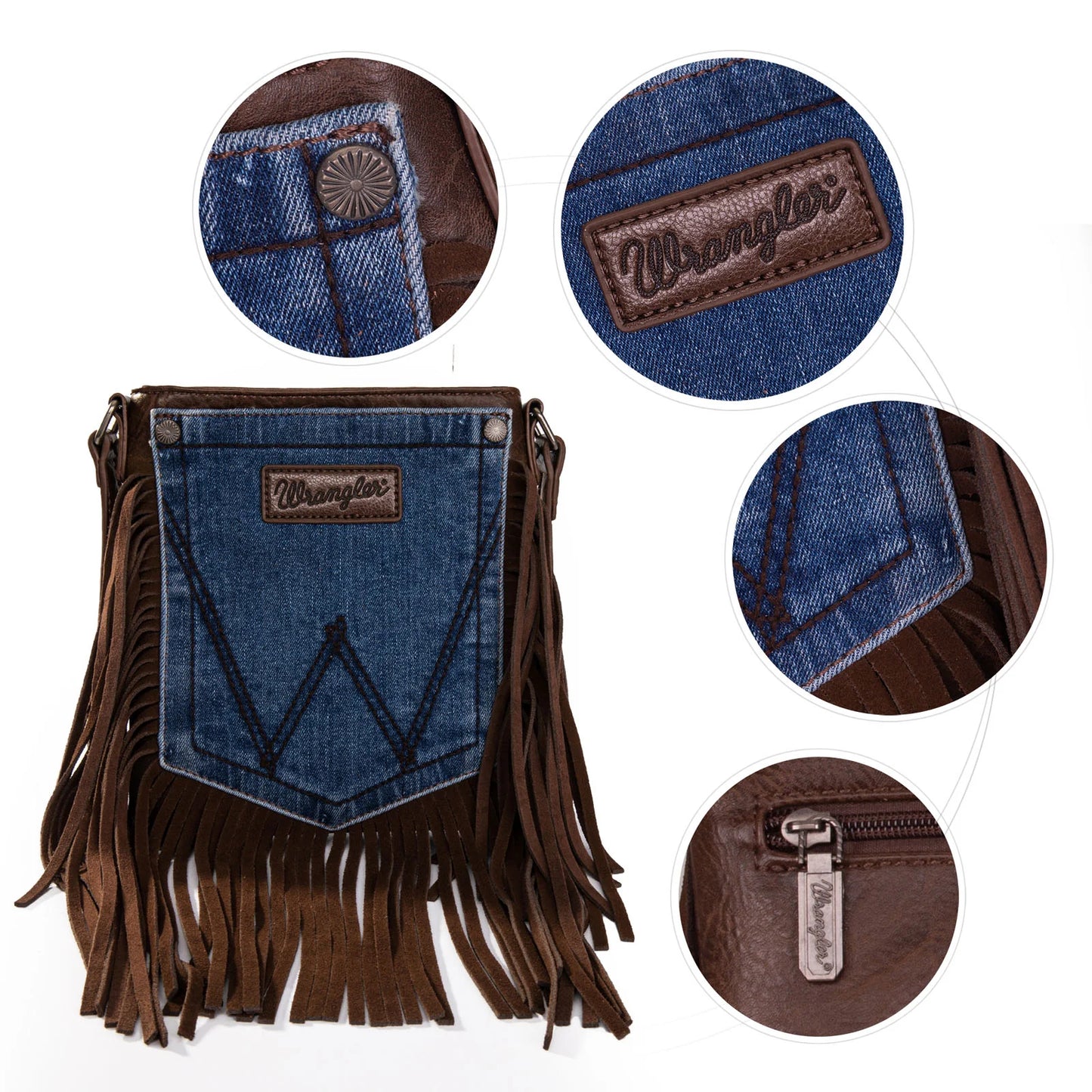 Fringe Jean Denim Pocket Crossbody - Coffee