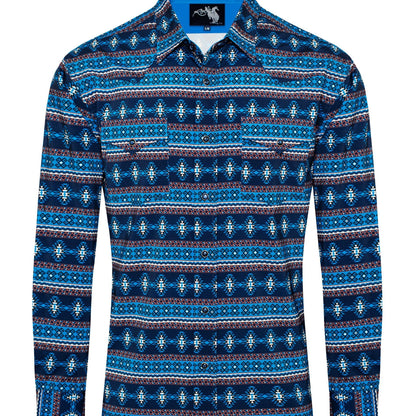 Navy Pearl Snap Aztec