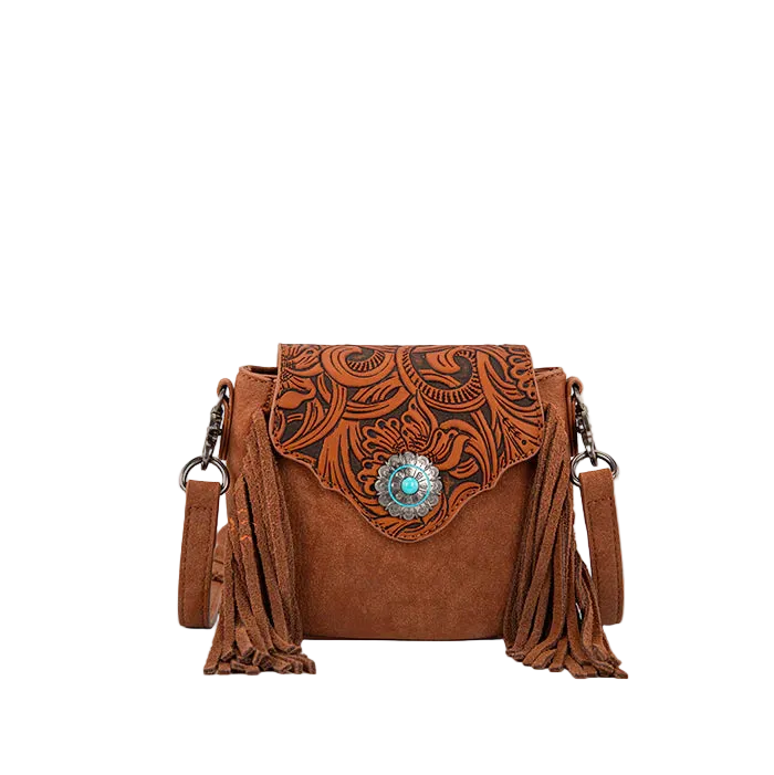 Embossed Fringe Mini Crossbody - Brown
