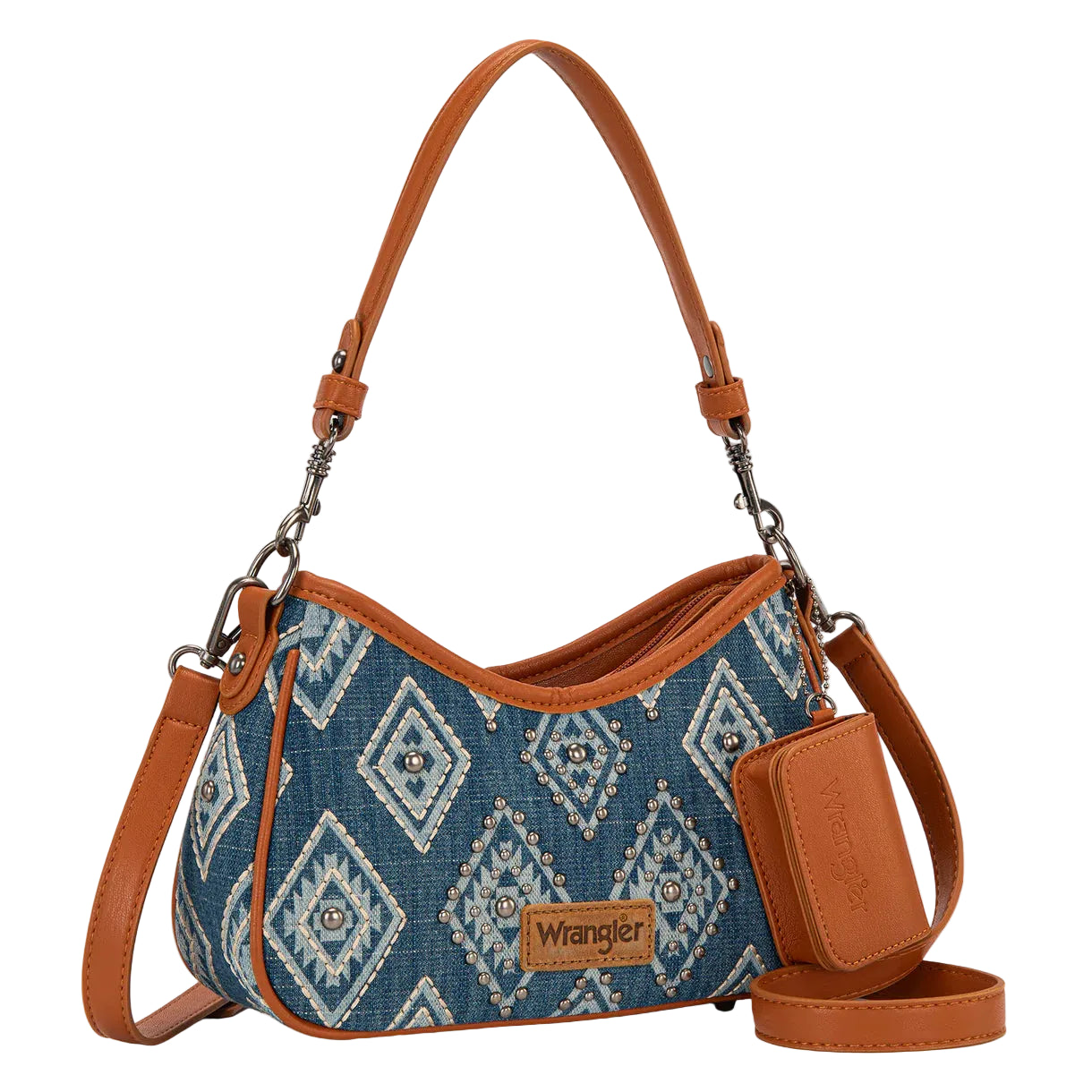 Aztec Studded Denim Shoulder Bag - Jean