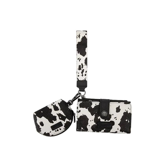 Cow Print Wallet & Coin Pouch Wristlet Set - Black