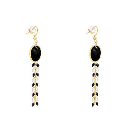 14K Gold Oval Earrings - Black